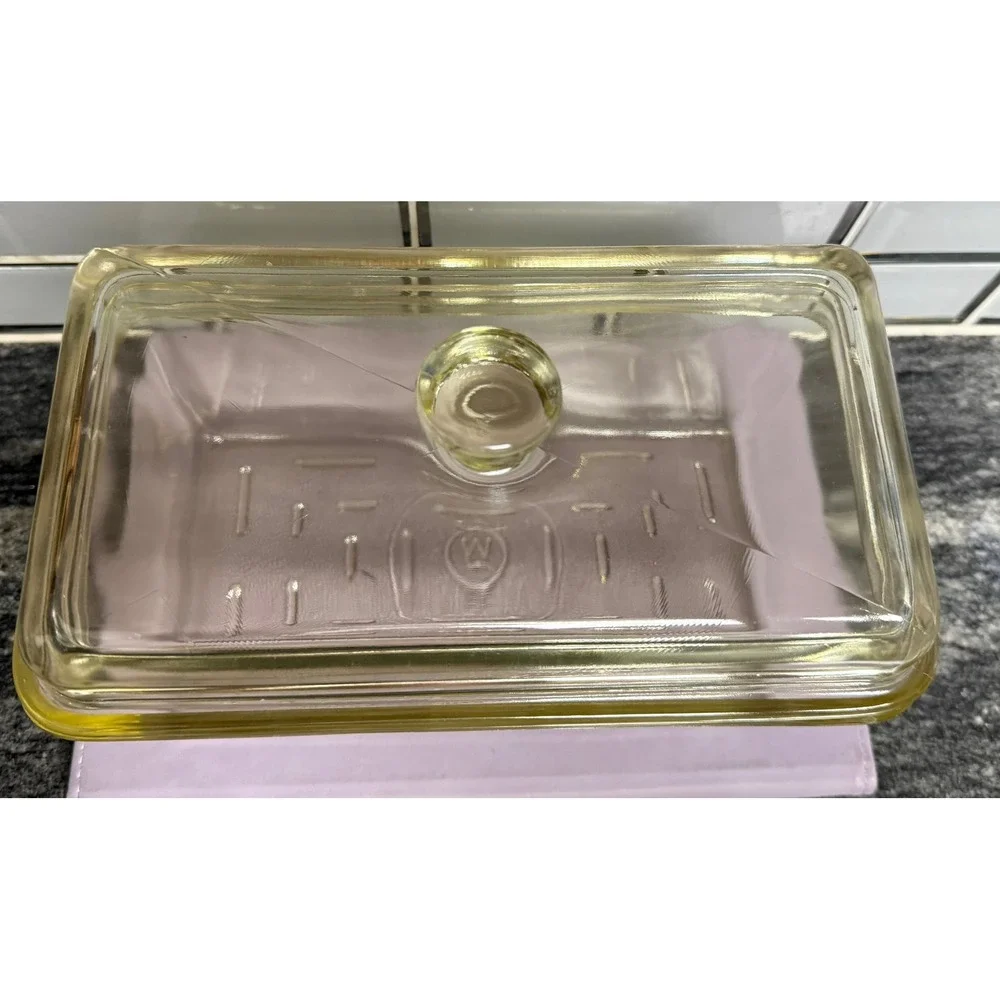 Vintage Westinghouse Glass Refrigerator Dish with Lid Clear Yellow Trim Logo
